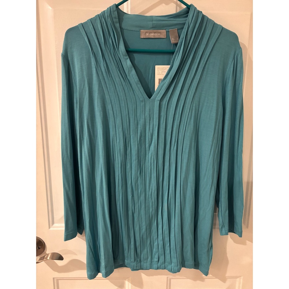 Liz Claiborne Pintuck V Neck Top‎ Sky Blue Size L Beach Summer Spring Casual